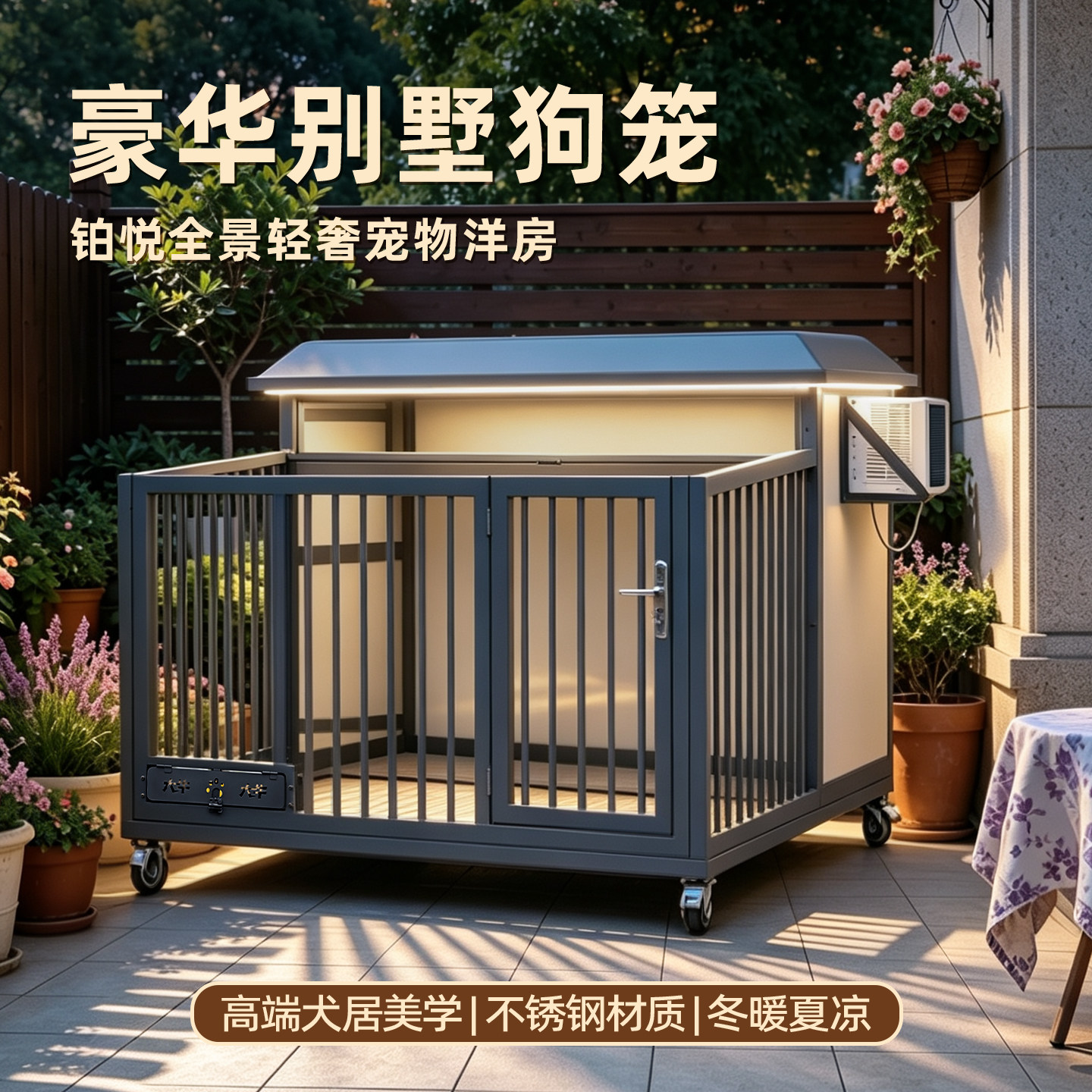 大牛不锈钢防雨隔热一室一厅狗笼图片