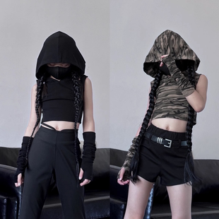 童装春夏新款潮酷女童废土风迷彩色连帽无袖背心袖套爵士舞上衣潮