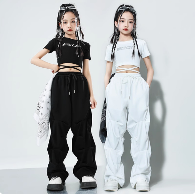 黑白潮酷穿搭爵士舞服女童夏季新款儿童街舞表演服绑带设计感T恤