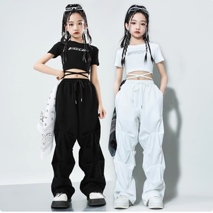 黑白潮酷穿搭爵士舞服女童夏季新款儿童街舞表演服绑带设计感T恤
