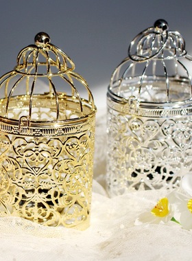 跨境欧式铁艺电镀金属工艺品创意鸟笼烛台家居摆件婚庆道具