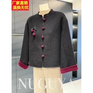 时尚休闲单排扣双面呢大衣女短款妈妈装冬季撞色洋气中年呢子外套