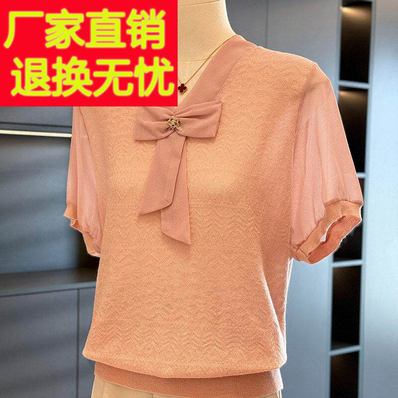 时尚气质妈妈装雪纺拼接针织衫女2025年夏装新款上衣减龄T恤短袖