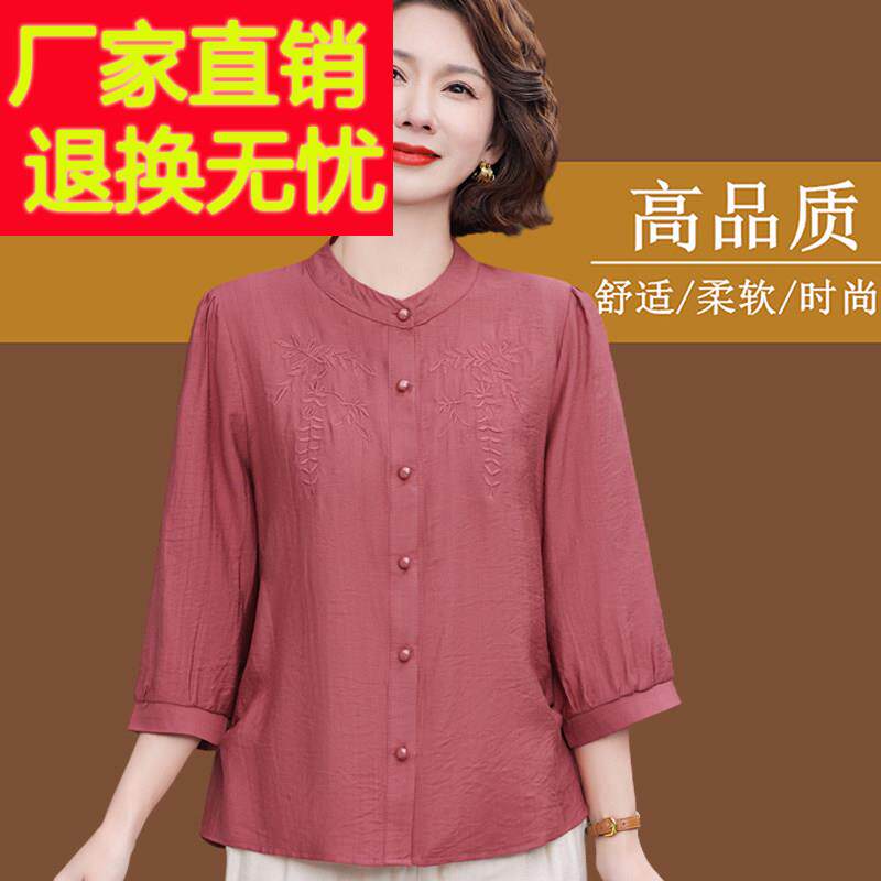中老年纯棉圆领衬衫 棉麻中袖上衣50岁以上休闲女装 刺绣纯色T恤