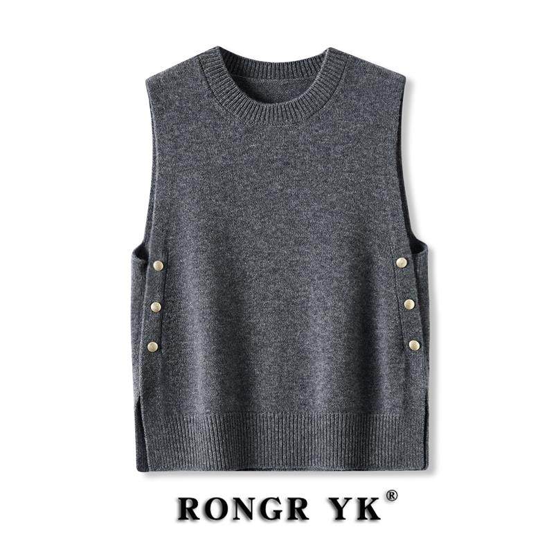 春秋新款纯羊毛圆领马甲女休闲宽松针织背心外搭叠穿减龄显瘦马夹