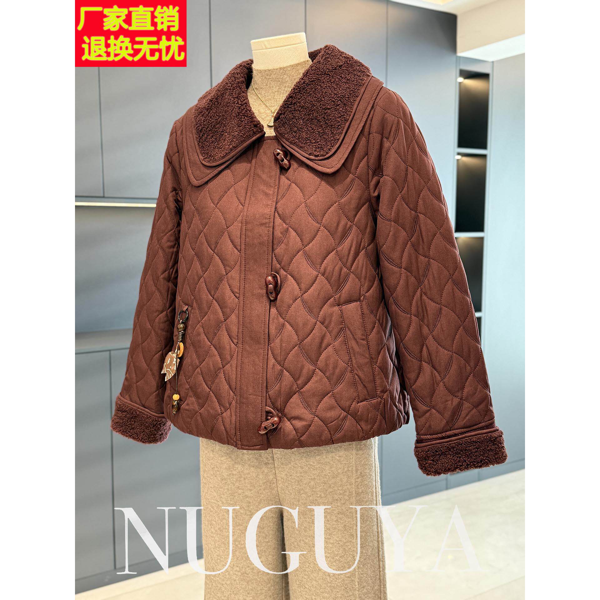 时尚休闲菱格棉服外套女妈妈装秋冬新款上衣中老年拼接棉衣夹克衫