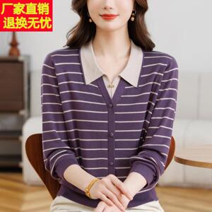 高端品牌中老年女装春装条纹假两件翻领衣服洋气妈妈款针织衫上衣