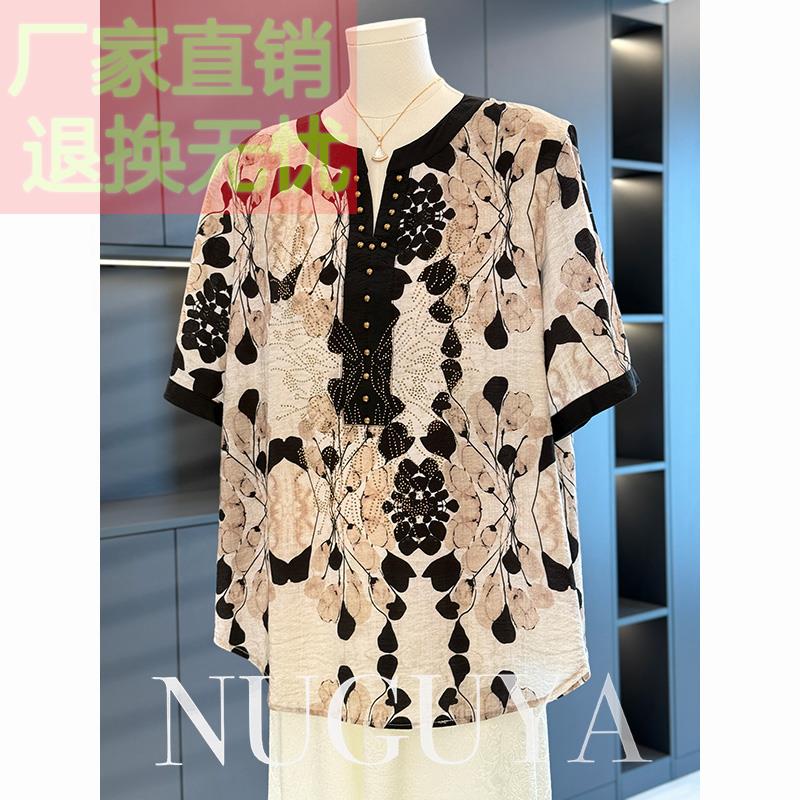 时尚休闲妈妈装棉麻衬衫女短袖2025年夏装新款上衣百搭中老年衬衣