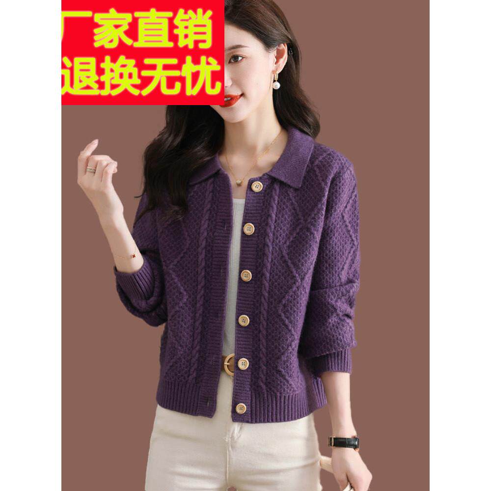 羊毛针织开衫外套女士翻领春秋新款洋气配裙短款宽松毛衣外搭上衣