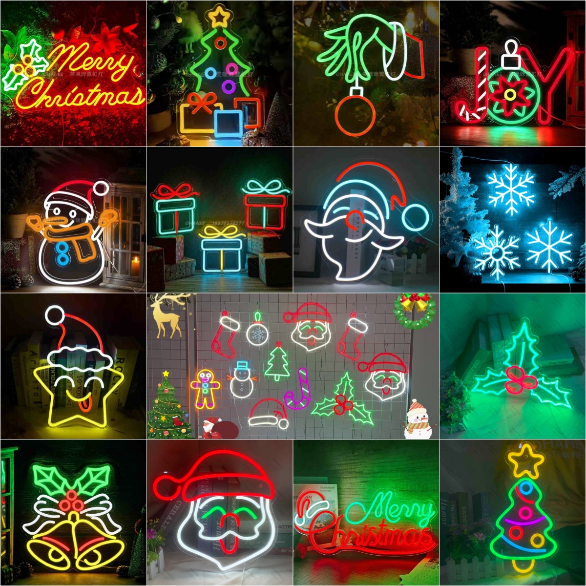 圣诞节霓虹灯圣诞老人帽树袜子拐杖雪人姜饼人冬青叶铃铛装饰灯