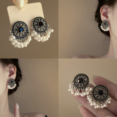 银针镶钻圆形珍珠流苏耳钉秋冬新中式国风时尚耳环高级感高奢耳饰
