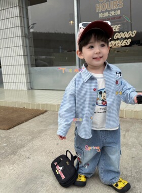 HCB正版现货春款男女小童韩版米奇格子衬衫长袖T恤休闲牛仔长裤