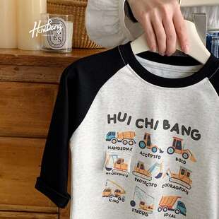 灰HCB春季新款长袖T恤挖机纯棉套头休闲男童女童上衣T恤90-130