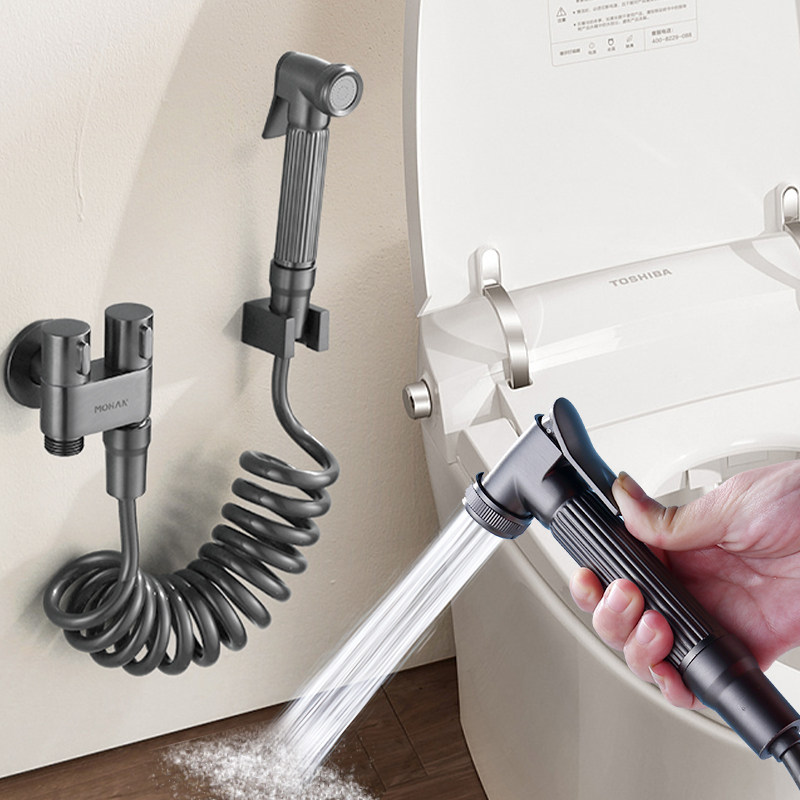 枪灰色一进二出双控角阀黄铜三通一分二迷你洗衣机多功能水龙头