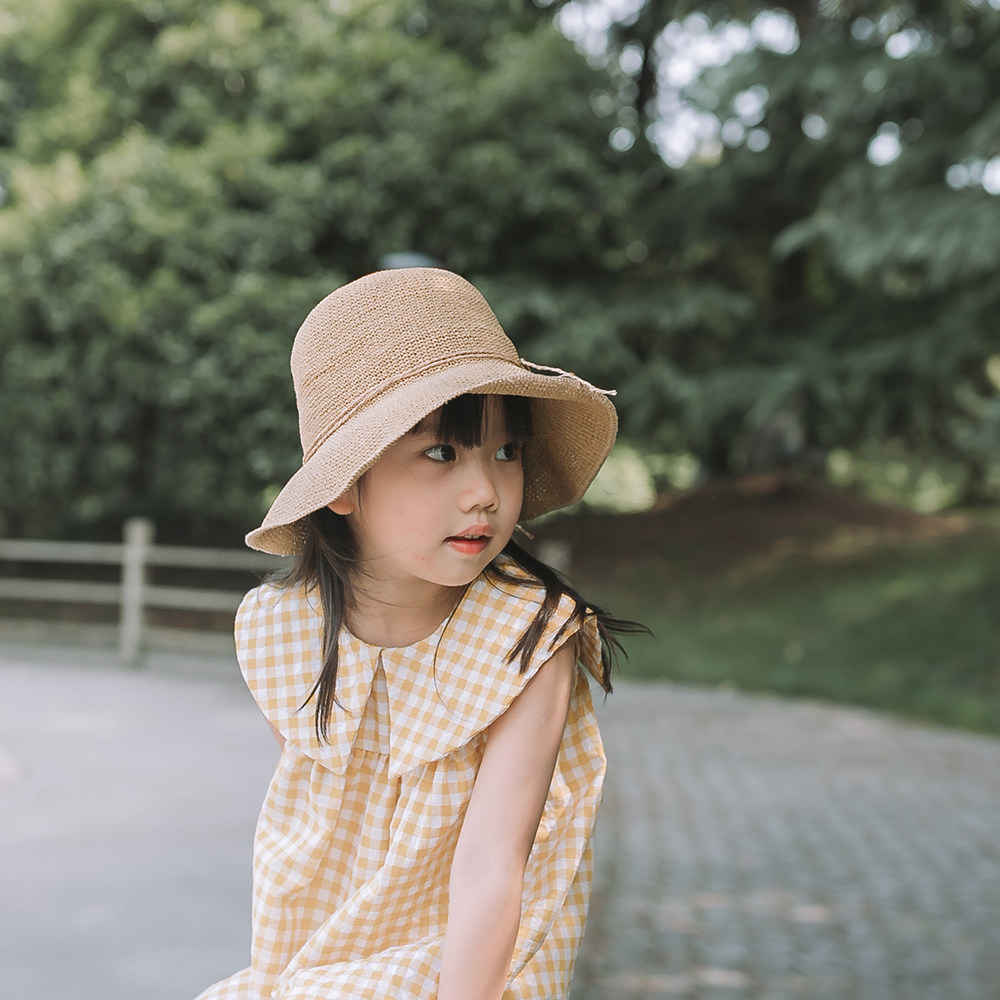 hmom手工纸草帽子沙滩帽大檐遮阳帽亲子草帽儿童帽女沙滩防晒折叠