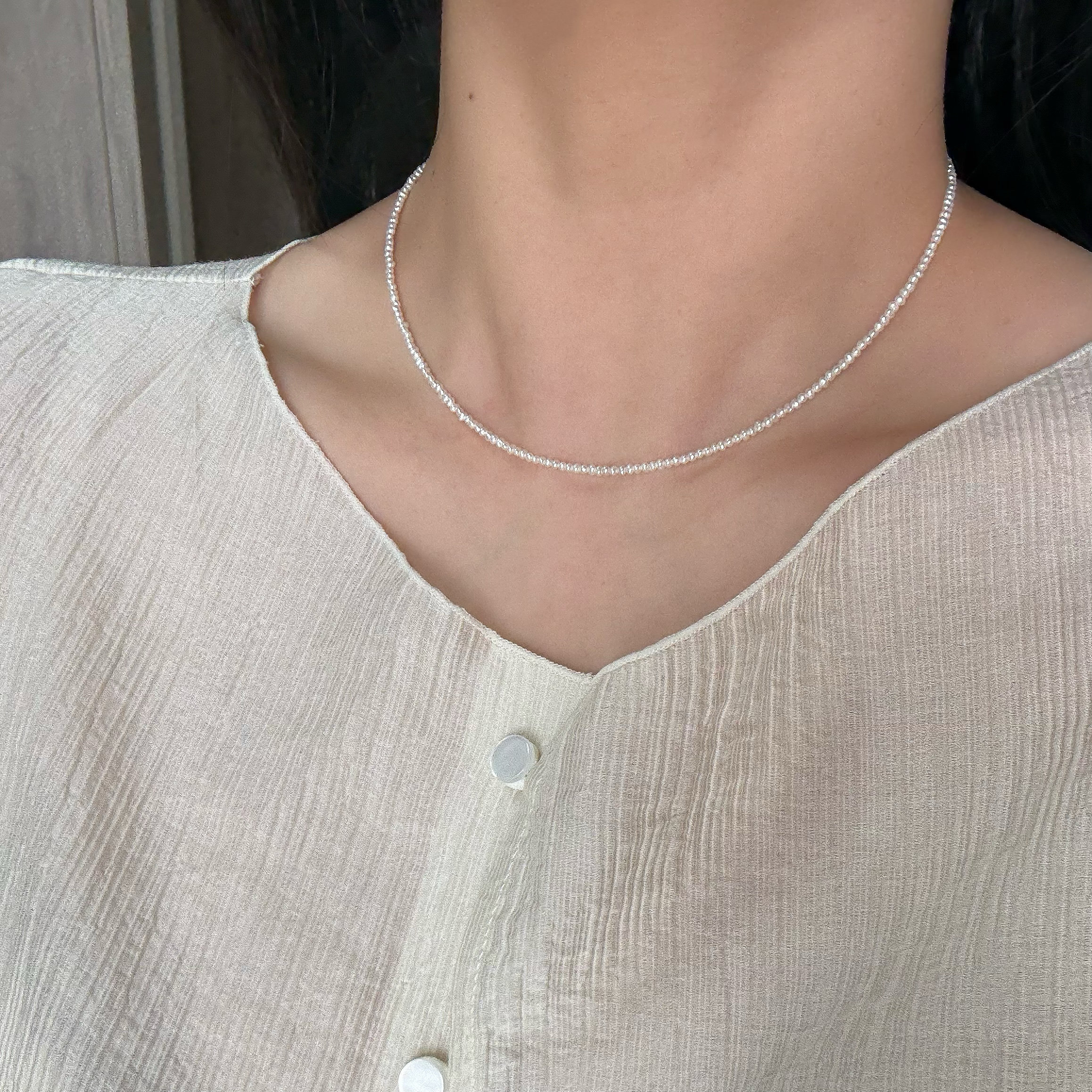必入！超罕见极细1-2mm天然淡水迷你珍珠项链s925纯银百搭锁骨链