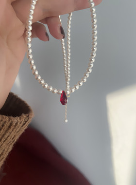 女美国14k包金红色水滴吊坠项链