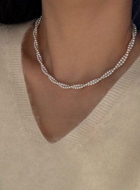 进口施家珍珠多层扭扭锁骨链轻奢小众设计高级感颈链秋冬s925纯银