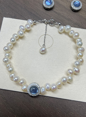 天然珍珠纯银海蓝宝气质仙女手链
