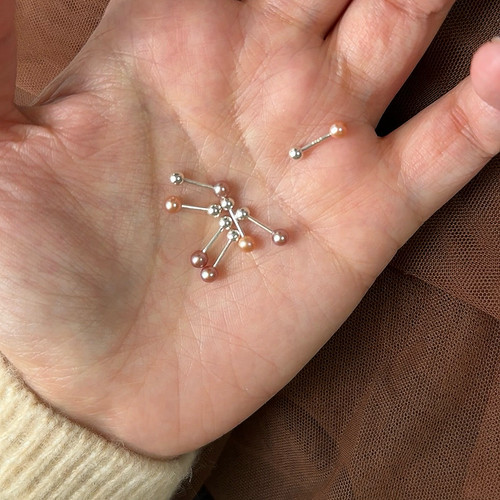 S925纯银圆形天然粉紫色迷你珍珠耳钉养耳洞睡觉不用摘拧螺丝女