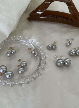 清冷真多麻灰施家正圆强光珍珠耳钉 14k包金/925纯银高级复古耳饰