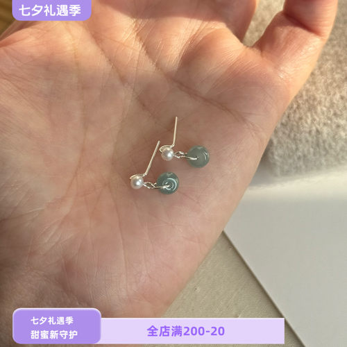 手工款精致中式小耳坠蓝水翡翠珍珠耳环99足银小众简约个性耳饰女