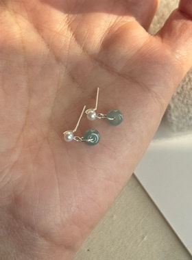 手工款精致中式小耳坠蓝水翡翠珍珠耳环99足银小众简约个性耳饰女