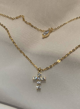 闪闪双层项链 通体925纯银mini十字架女镶钻冷淡风ins锁骨链百搭