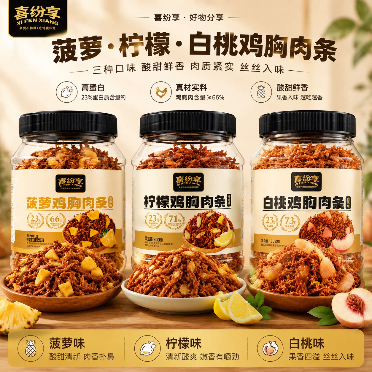 喜纷享水果鸡胸肉条菠萝柠檬白桃味手撕肉干耐嚼解馋休闲零食小吃