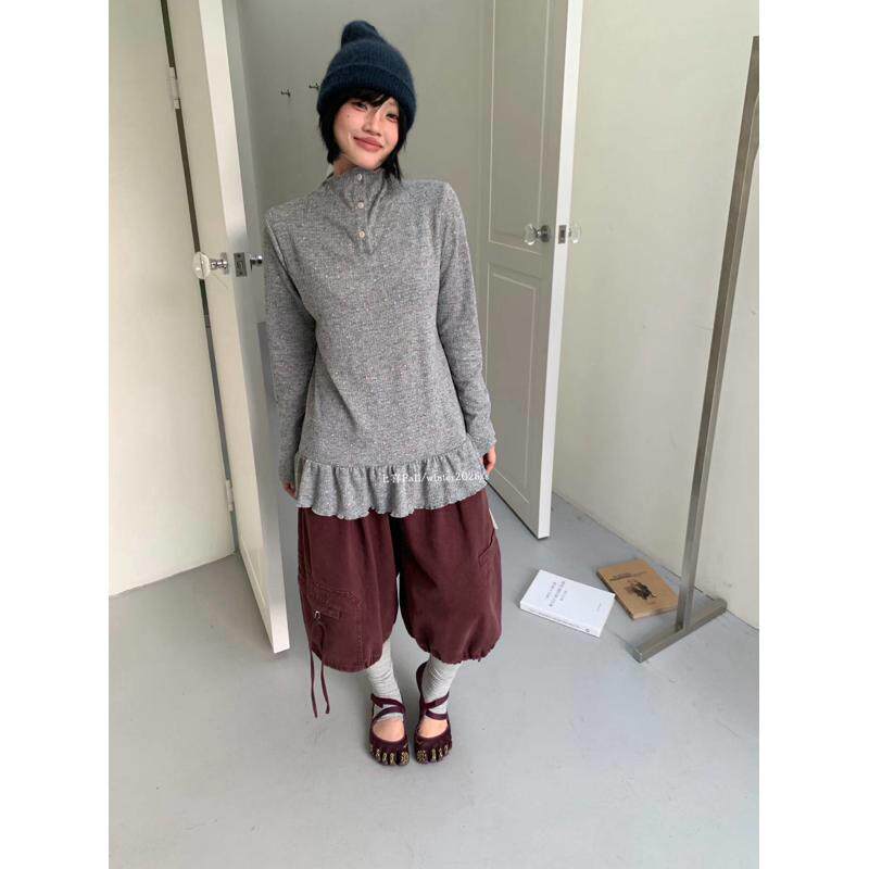 上喜欢l秋冬韩版花边软糯慵懒松弛风复古百搭荷叶边长袖T恤