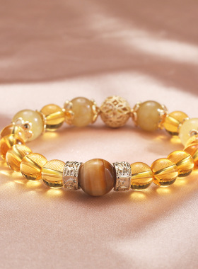 招财小霸王 金发晶黄水晶招财转运水晶手链女小众设计礼物手饰