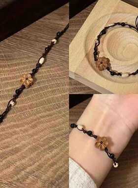 小红书同款清冷桃木桃花手链女复古气质手工编织手绳2025新款手饰