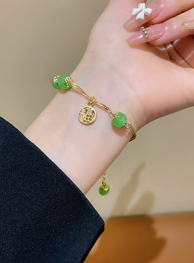 韩版复古绿色福牌手链女生简约小众高级感手镯民族风气质手饰批发