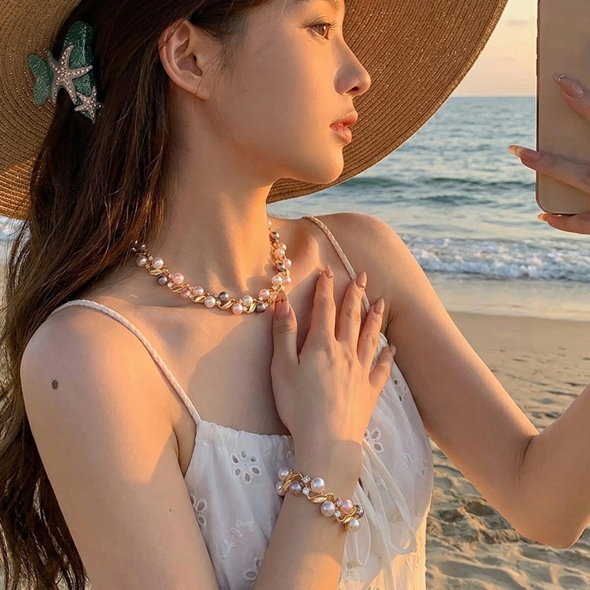 欧美时尚锁骨短链仿珍珠项链耳环手链套装淑女气质个性轻奢百搭