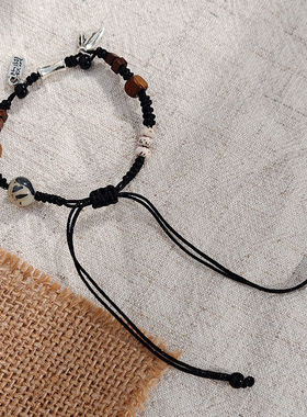 年年字牌叶子串珠黑色编织手链 复古国风简约小众设计感好运手串