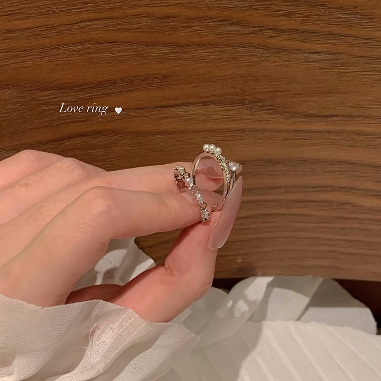 锆石爱心珍珠戒指女精致甜美小众高级感食指环开口可调节情侣手饰