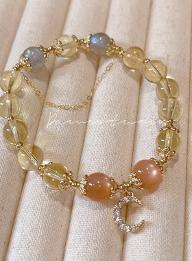 黄水晶手链月光石金太阳石14k包金发财水晶手串女生手饰品