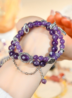 批发天然紫水晶魔盒双层手链新中式文艺复古原创女士爆款手串饰品