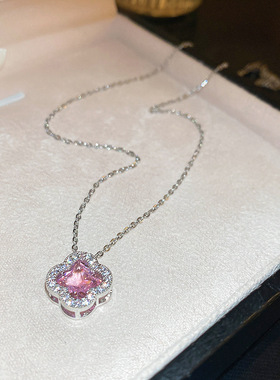 银色粉钻甜美气质锆石四瓣花项链时尚轻奢锁骨链韩国小众百搭饰品