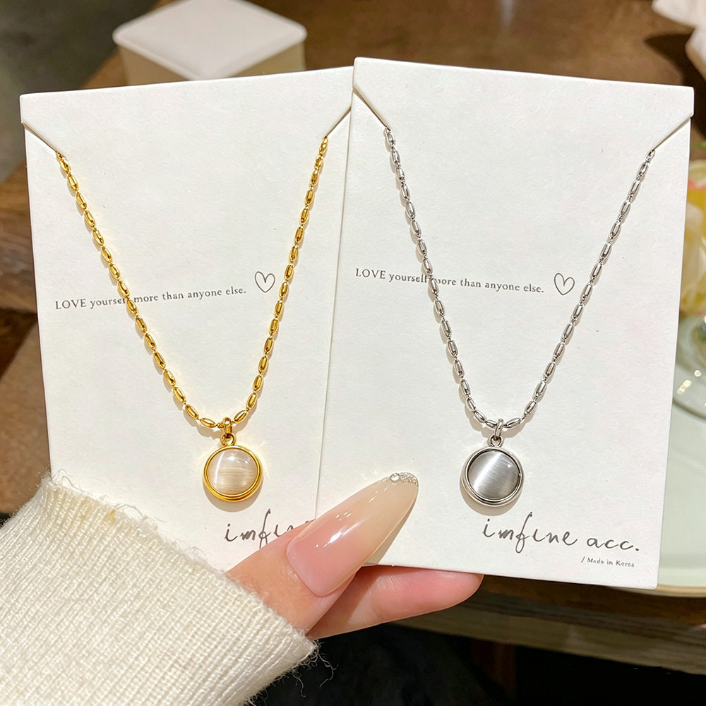 新品猫眼石圆形吊坠钛钢项链女简约米粒链轻奢锁骨链不掉色高级感