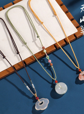 999银祥云如意锁金丝玉吊坠中国风天山翠白玛瑙项链女项坠玉坠