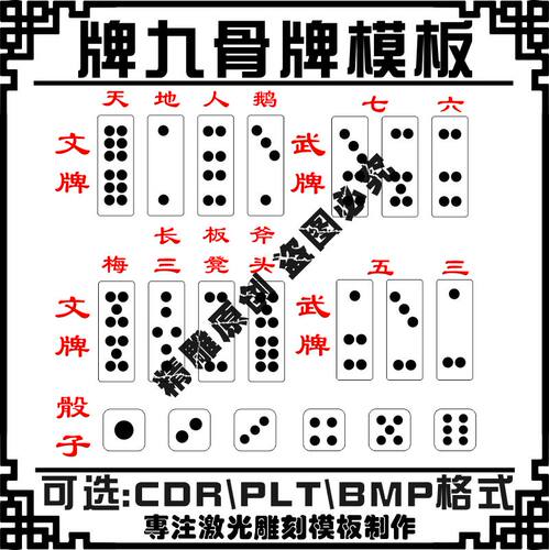 牌九麻将骨牌骰子刻字矢量图案激光雕刻打标机模板素材设计文件包