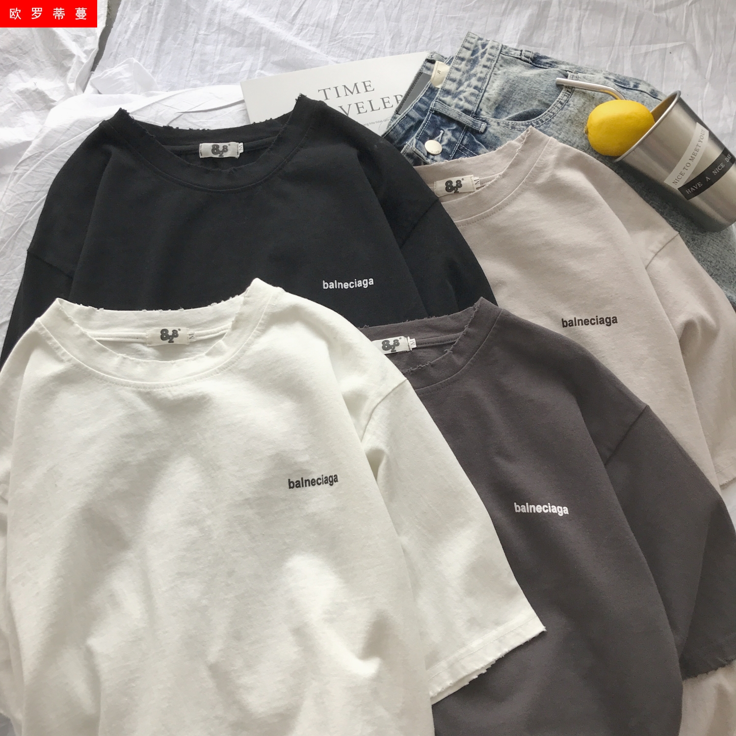2018新款t恤韩版男土潮流bft裇t shirt短袖宽松个性半袖五分袖