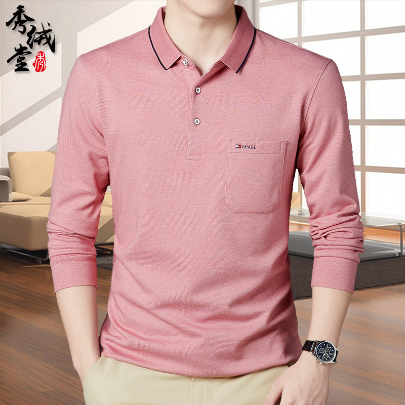 秋季男士长袖t恤有兜翻领polo衫中年爸爸宽松棉丅带口袋外穿秋衣
