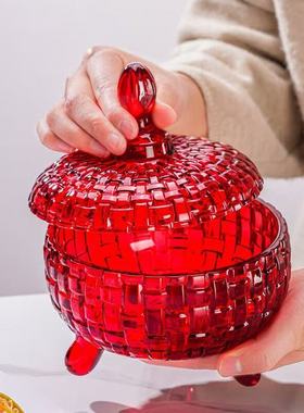 2只红色玻璃糖果罐个性收纳盒带盖储物罐家用客厅干果盒