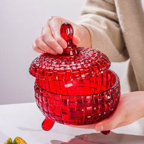 2只红色玻璃糖果罐个性收纳盒带盖储物罐家用客厅干果盒