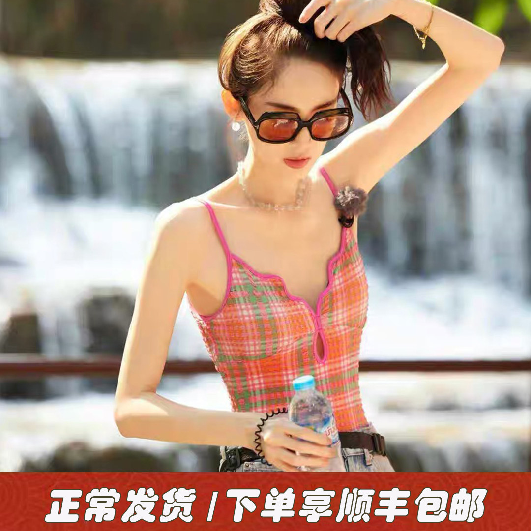 泳衣女古力娜扎明星同款粉色比基尼2024新款连体性感海边度假泳装