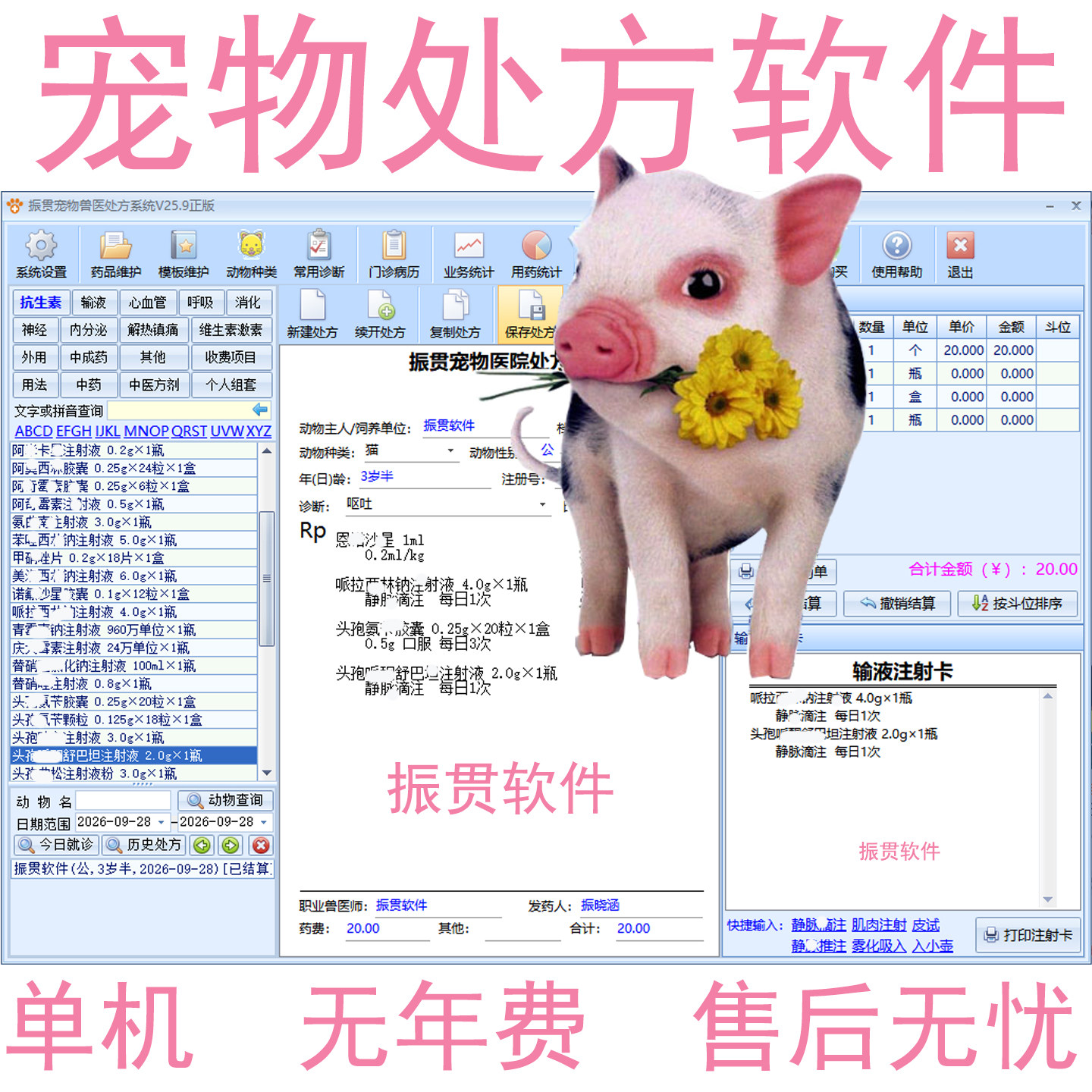 振贯宠物兽医处方软件动物医院门诊电子病历管理开单系统加密锁版