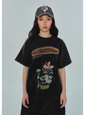 VULCAN做旧童趣男装米奇印花复古美式国潮情侣宽松短袖小领口TEE