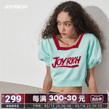 JOYRICH美式复古方领泡泡袖撞色字母短袖针织衫T恤24春夏新款女装